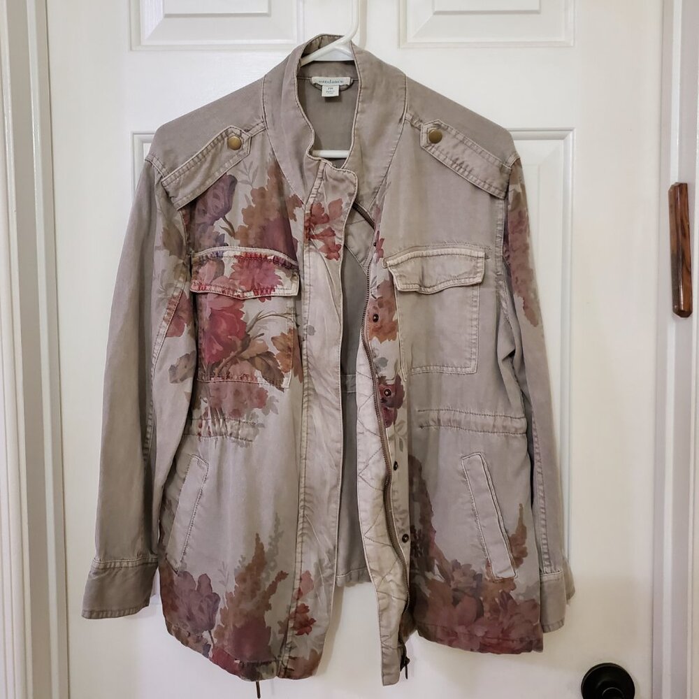 Sundance Rochelle Floral Taupe Jacket Womens PM 100 Tencel Zip Snap Pockets Top
